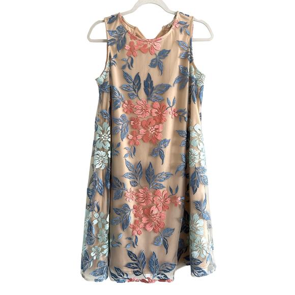 Cato Beige Sleeveless Shift Dress Small Embroidered Floral Shear Mesh Overlay - Picture 1 of 8